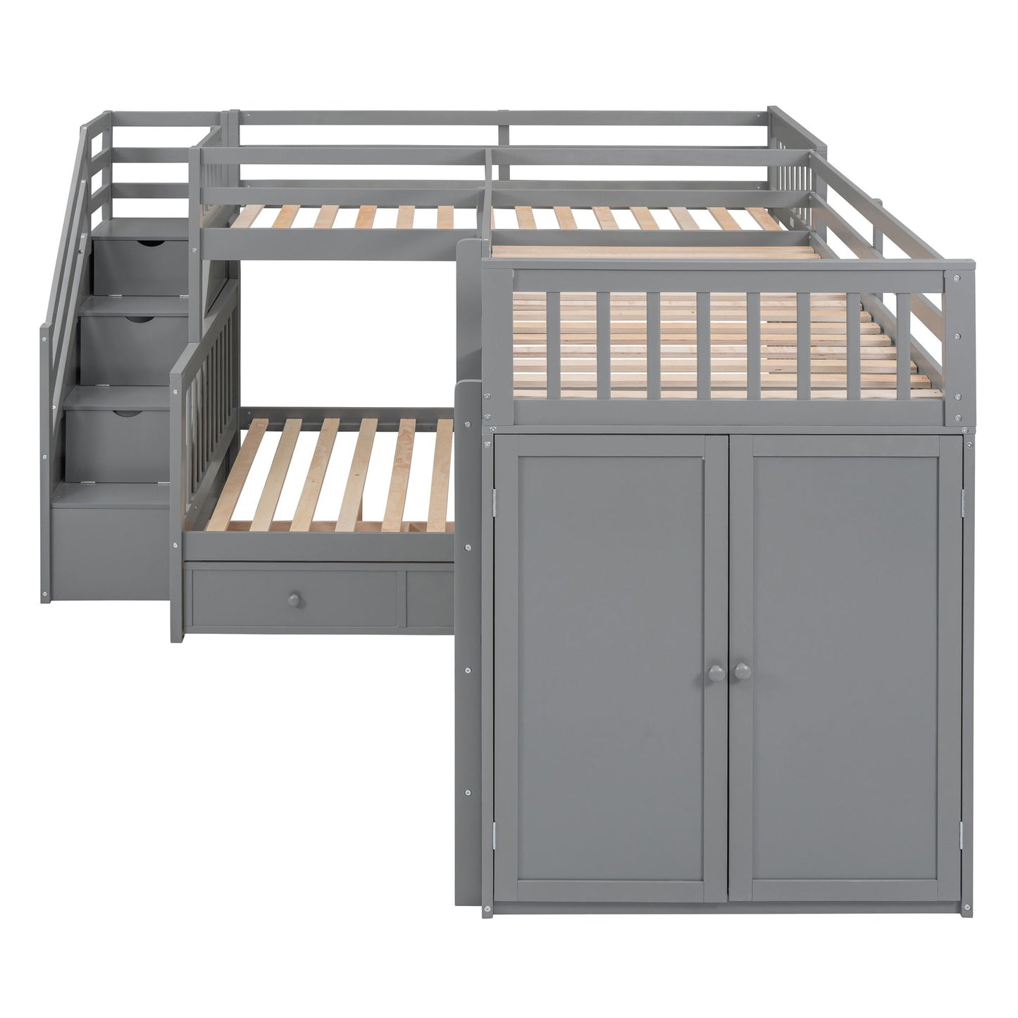 Twin Twin Over Full L Shaped Bunk Bed With 3 Drawers, Portable Desk And Wardrobe - Gray