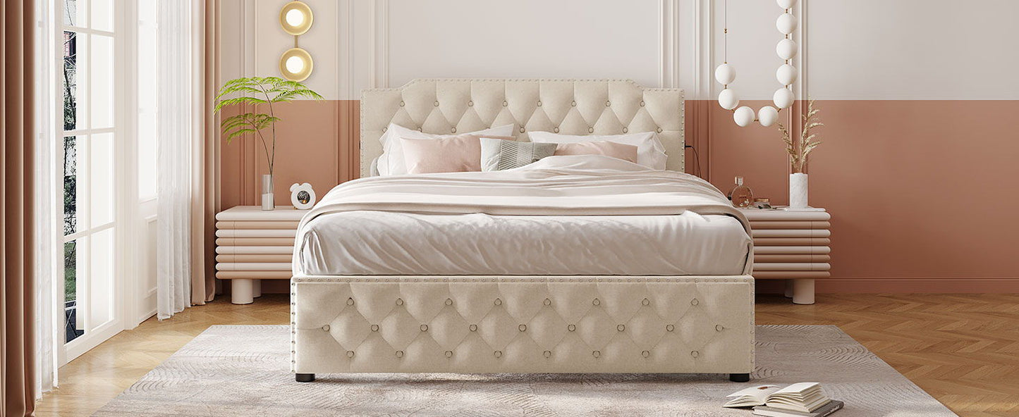 Queen Size Upholstered Platform Bed With 2 Drawers And 2 Sets Of USB Ports On Each Side - Beige