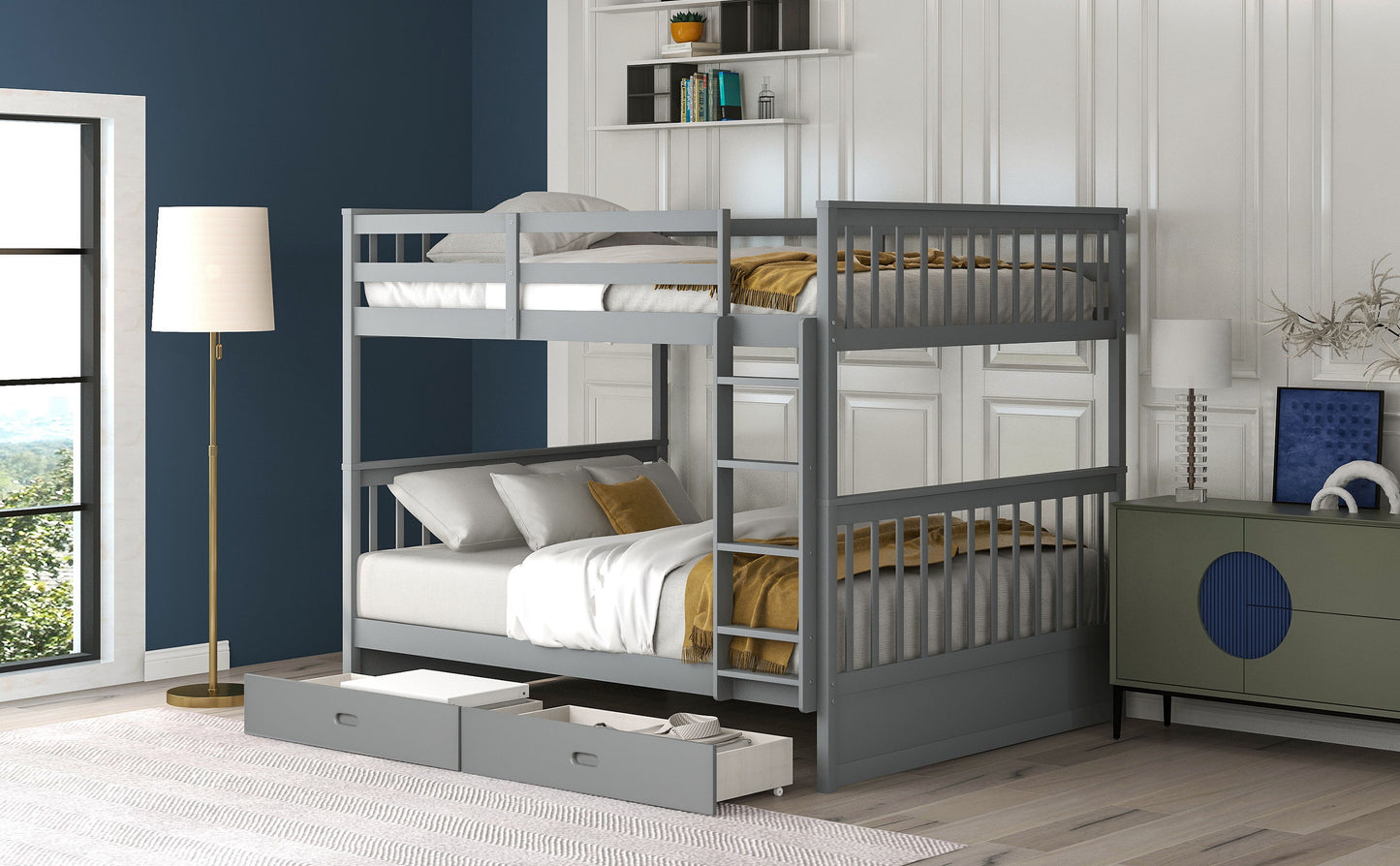 Full Over Full Bunk Bed With Ladders And 2 Storage Drawers - Gray