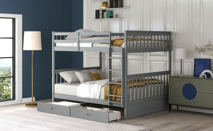 Full Over Full Bunk Bed With Ladders And 2 Storage Drawers - Gray