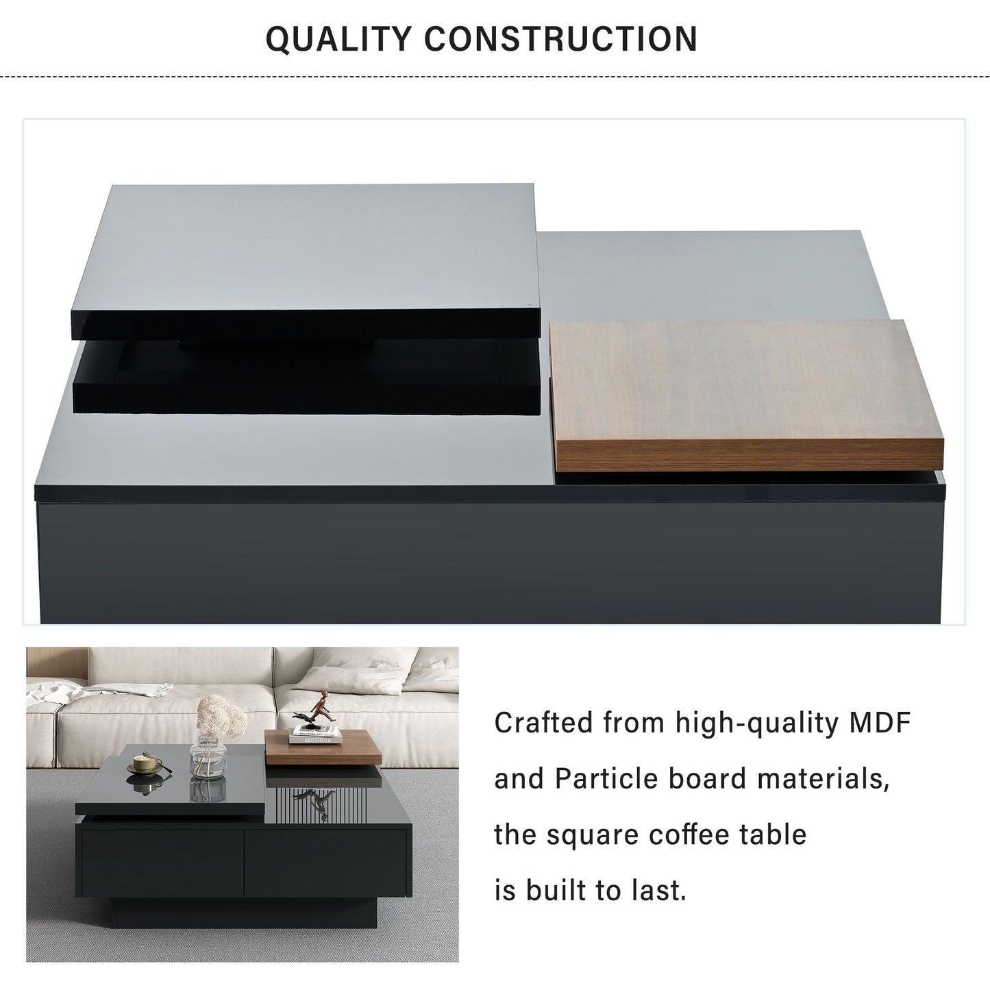Movable Top Coffee Table, Modern Square Wood Coffee Table With High Gloss Finish, 4 Hidden Storage Drawers For Living Room - Black