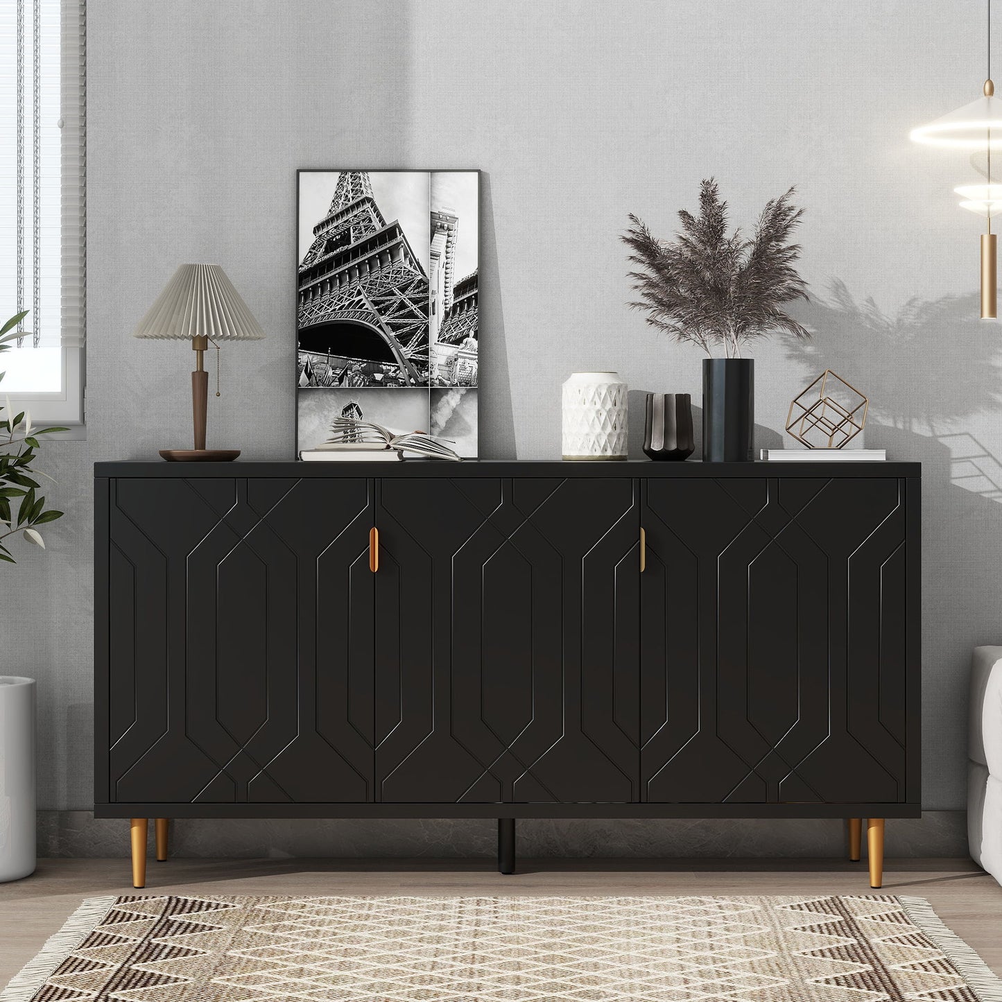 Modern TV Stand With 3 Doors And Adjustable Shelves For Living Room, Fits TVs Up To 70" - Black
