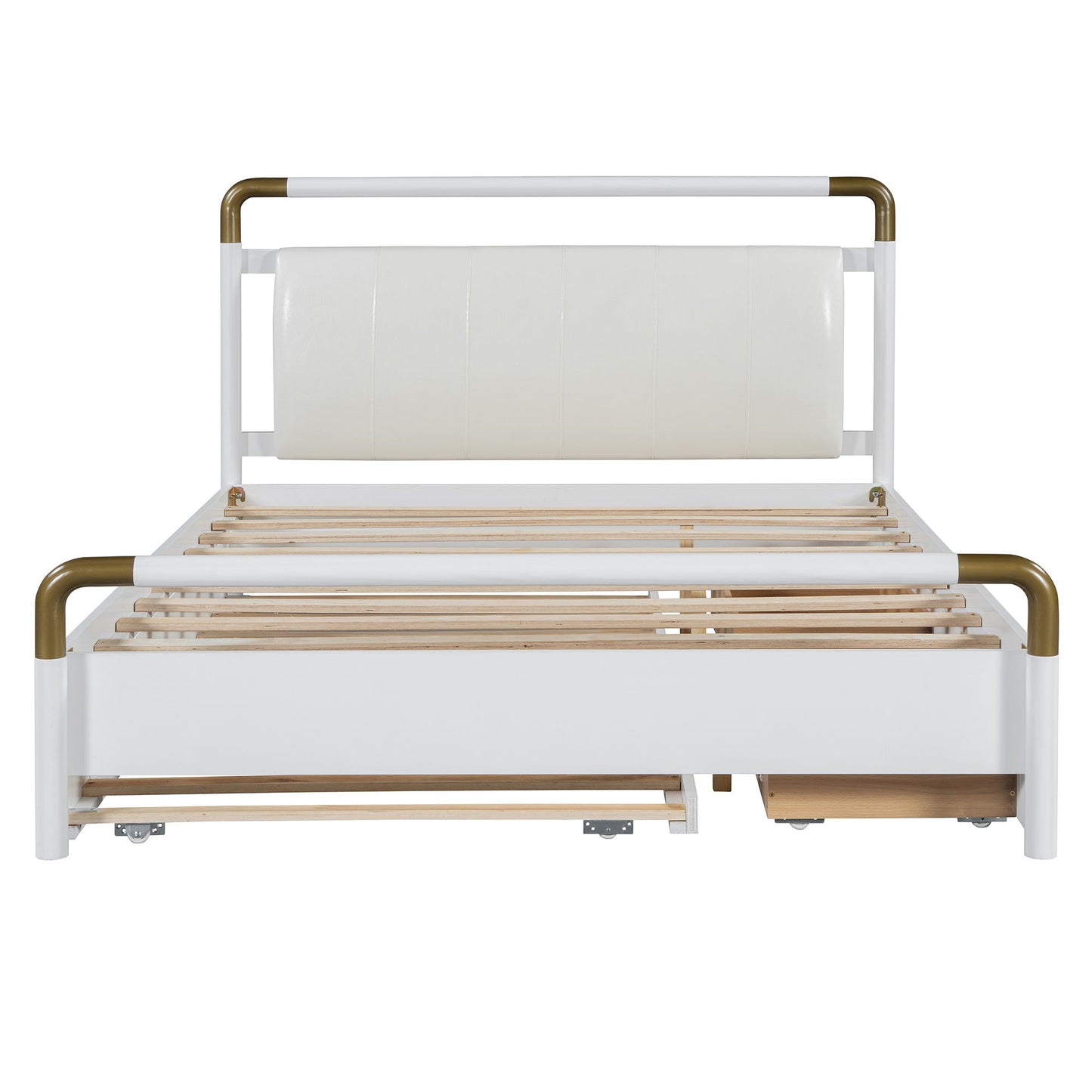 Queen Size Storage Platform Bed, With 2 Big Drawers, Twin Long Size Trundle - White