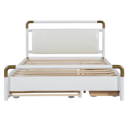 Queen Size Storage Platform Bed, With 2 Big Drawers, Twin Long Size Trundle - White