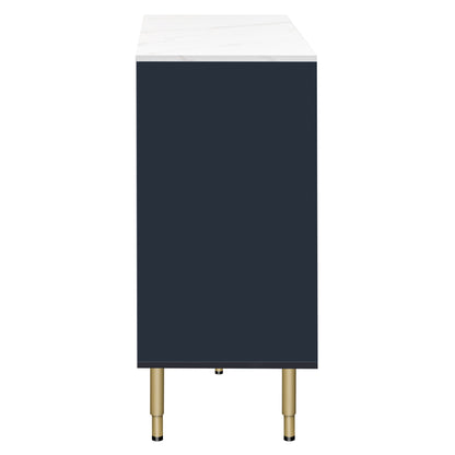 Modern Sideboard Buffet Cabinet Marble Sticker Tabletop And Amber-Yellow Tempered Glass Doors With Gold Metal Legs & Handles - Navy Blue