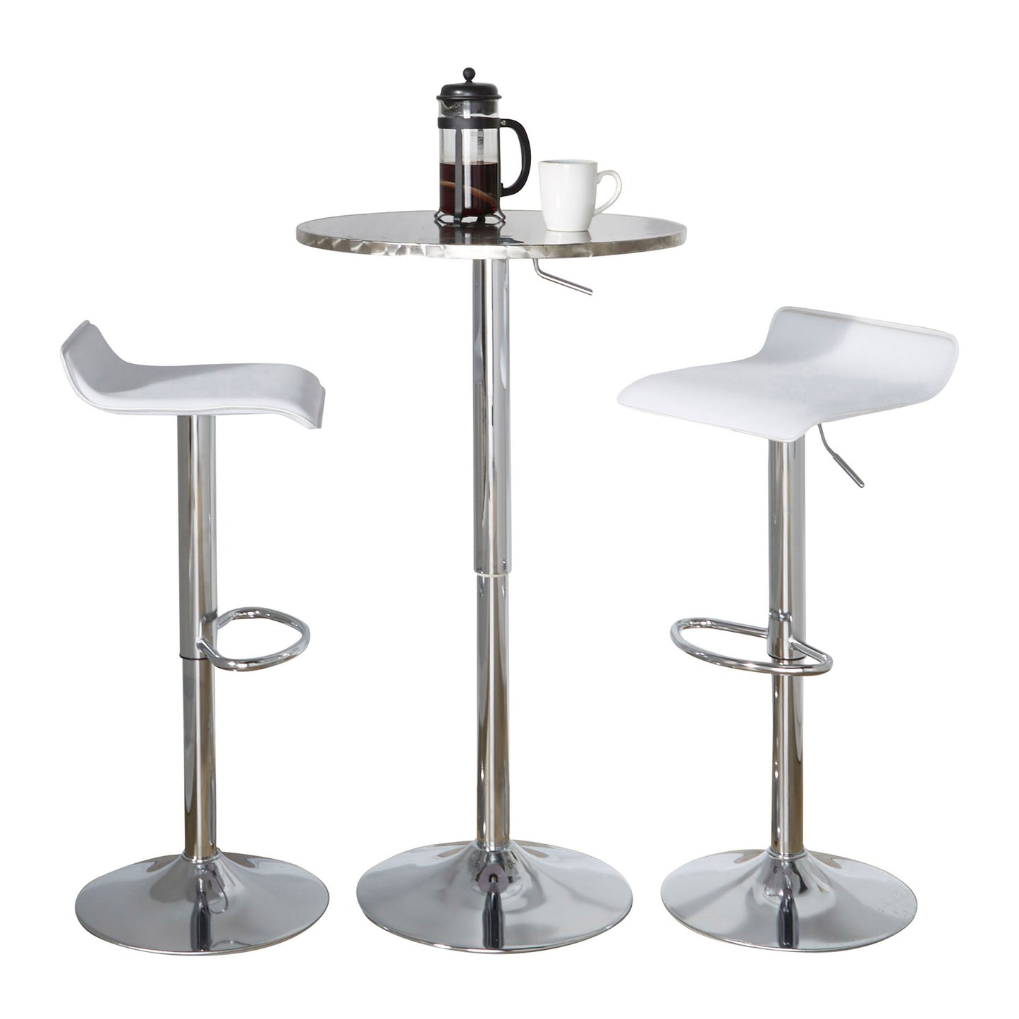 Ale - 3 Piece Bar Set Bistro Round Contemporary Adjustable Oval Footrest - Silver / Chrome / White