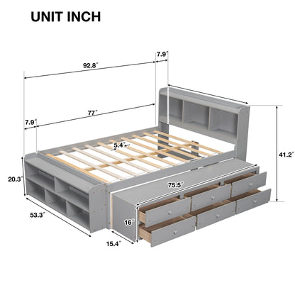 Full Bed With Bookcase Headboard, Under Bed Storage Drawers And Bed End Storage Case - Gray