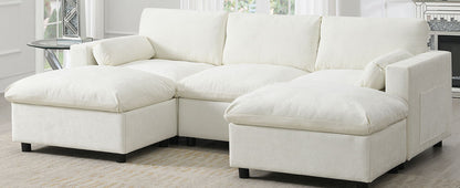 Modular Sectional With Storage Pockets, 5 Seat U Shaped Couch Set With Pillows Free Combination Modern Cloud Sofa With 2 Movable Ottoman - White