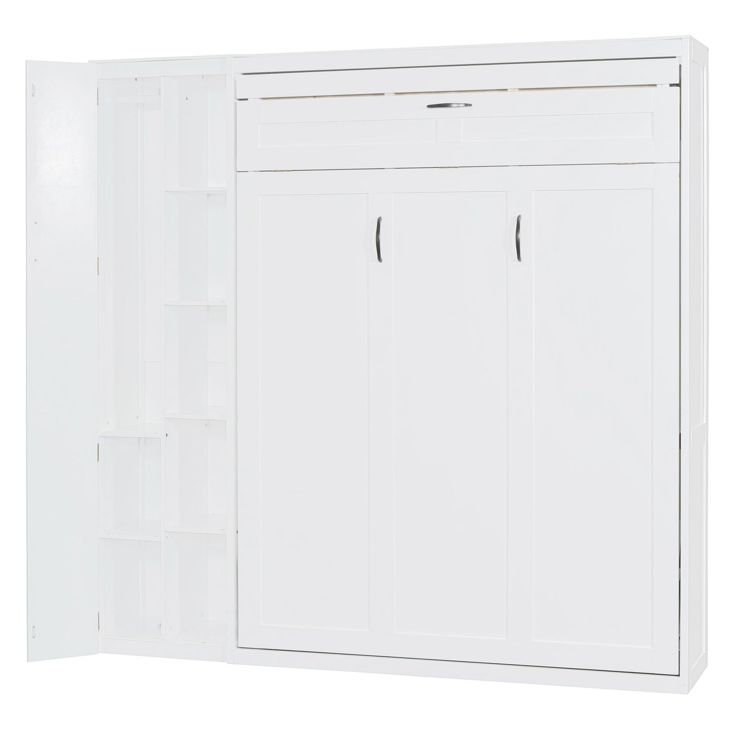 Full Size Murphy Wall Bed With Shelves, Wardrobe And LED Lights - White