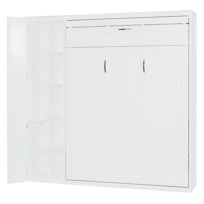 Full Size Murphy Wall Bed With Shelves, Wardrobe And LED Lights - White