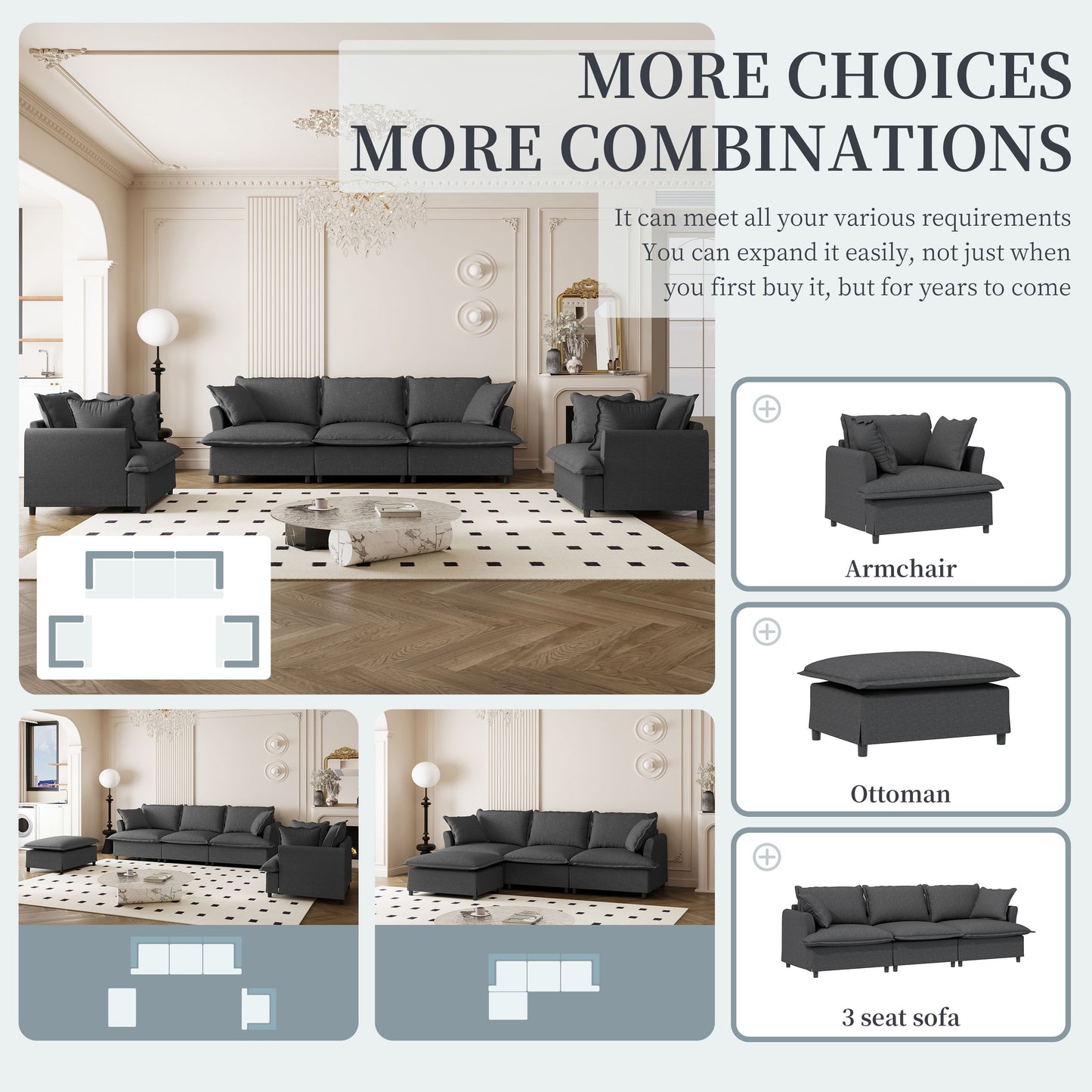 3 Piece Living Room Set Modular Sectional Couch Upholstered 3 Seater Sofa & 2 Armchairs 5 Seat - Gray