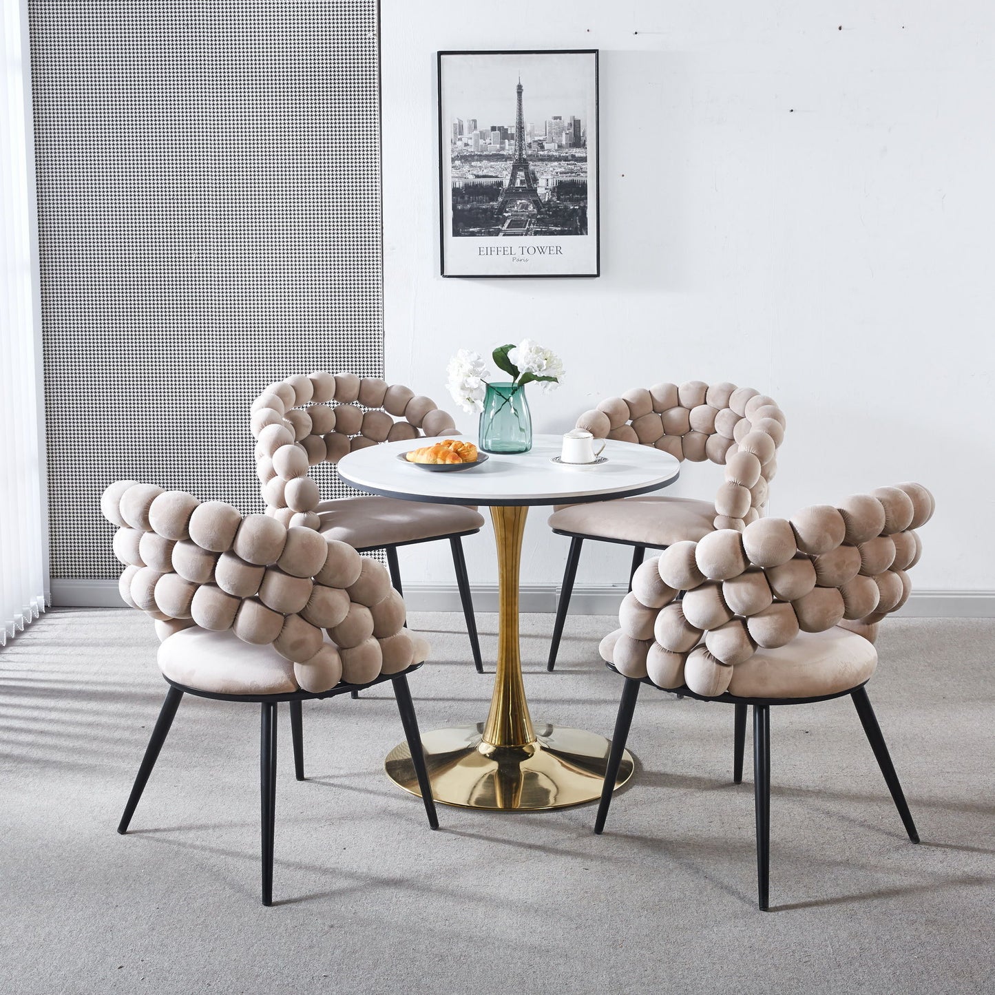Modern Chair With Golden Color Iron Tube Legs, Soft Cushions And Comfortable Backrest, Suitable For Dining Room, Living Room, Cafe, Hairball Back (Set of 2) - Beige / Black