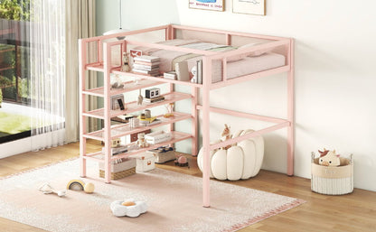 Full Size Loft Bed With 4 Tier Shelves And Storage - Pink