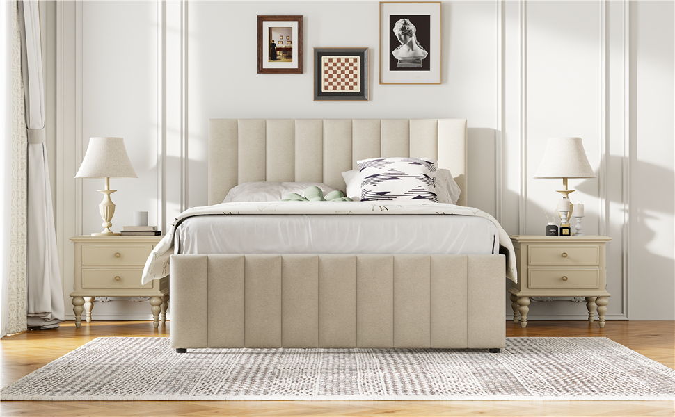 Full Size Upholstered Platform Bed With Twin Size Trundle And 3 Drawers - Beige