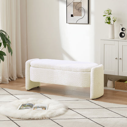 Ottoman Oval Storage Bench, 3D Lamb Fleece Bench With Large Storage Space For The Living Room, Entryway And Bedroom - Cream White