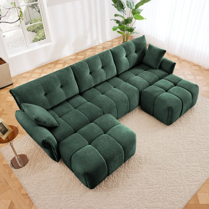Elegant Textured 3 Seater Sofa Set With Ottoman And Throw Pillows Frame - Green