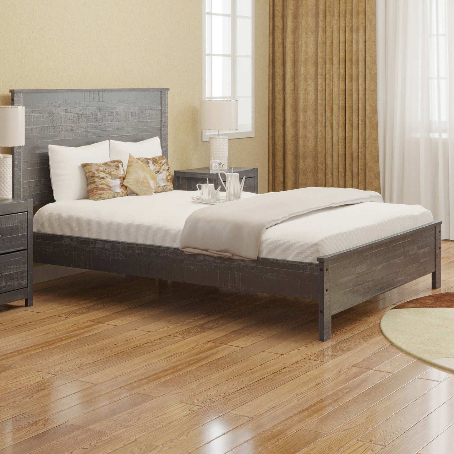 Albany - Full Bed Frame With Headboard, Heavy Duty Modern Rustic Design - Gray