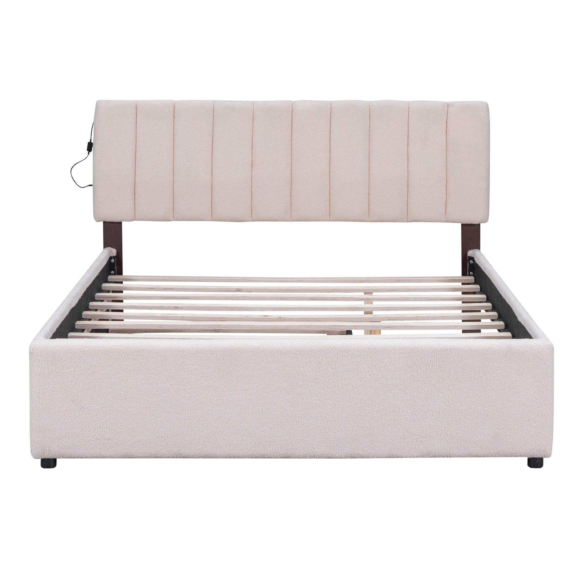 Queen Size Upholstered Platform Bed With Twin Long Trundle - Beige