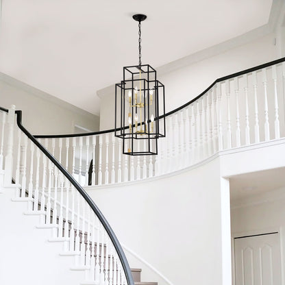 8 Light Metal Lantern Tiered Pendant Hanging Light Fixtures, Industrial Farmhouse Adjustable Height Chandeliers For Dining Room Hallway Foyer Entryway (E12 Bulbs Not Included) - Matte Black / Gold