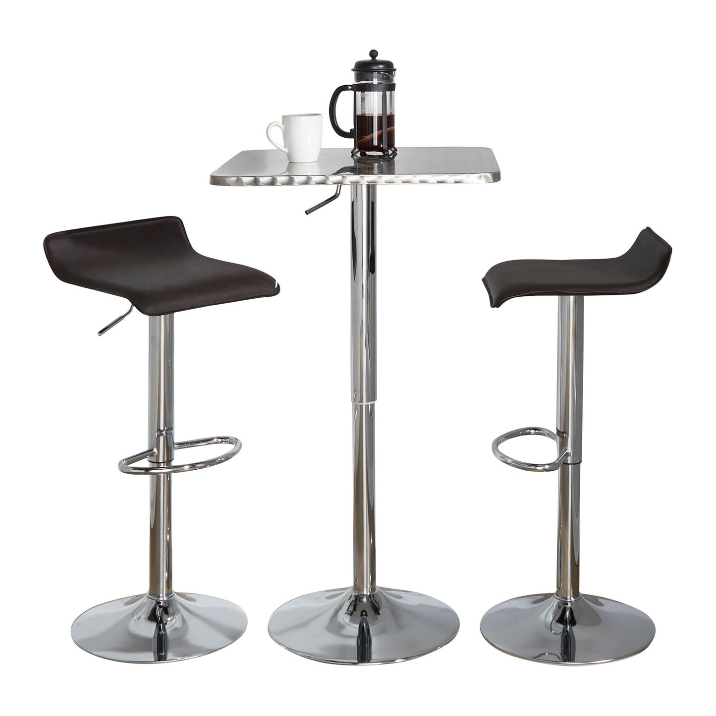 Ale - 3 Piece Bar Set Bistro Square Contemporary Adjustable Oval Footrest - Silver / Chrome / Brown