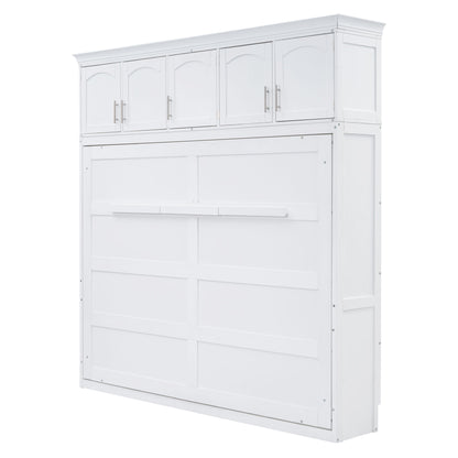 Full Size Space Saving Murphy Wall Bed With Top Cabinets, Flexible Slats - White