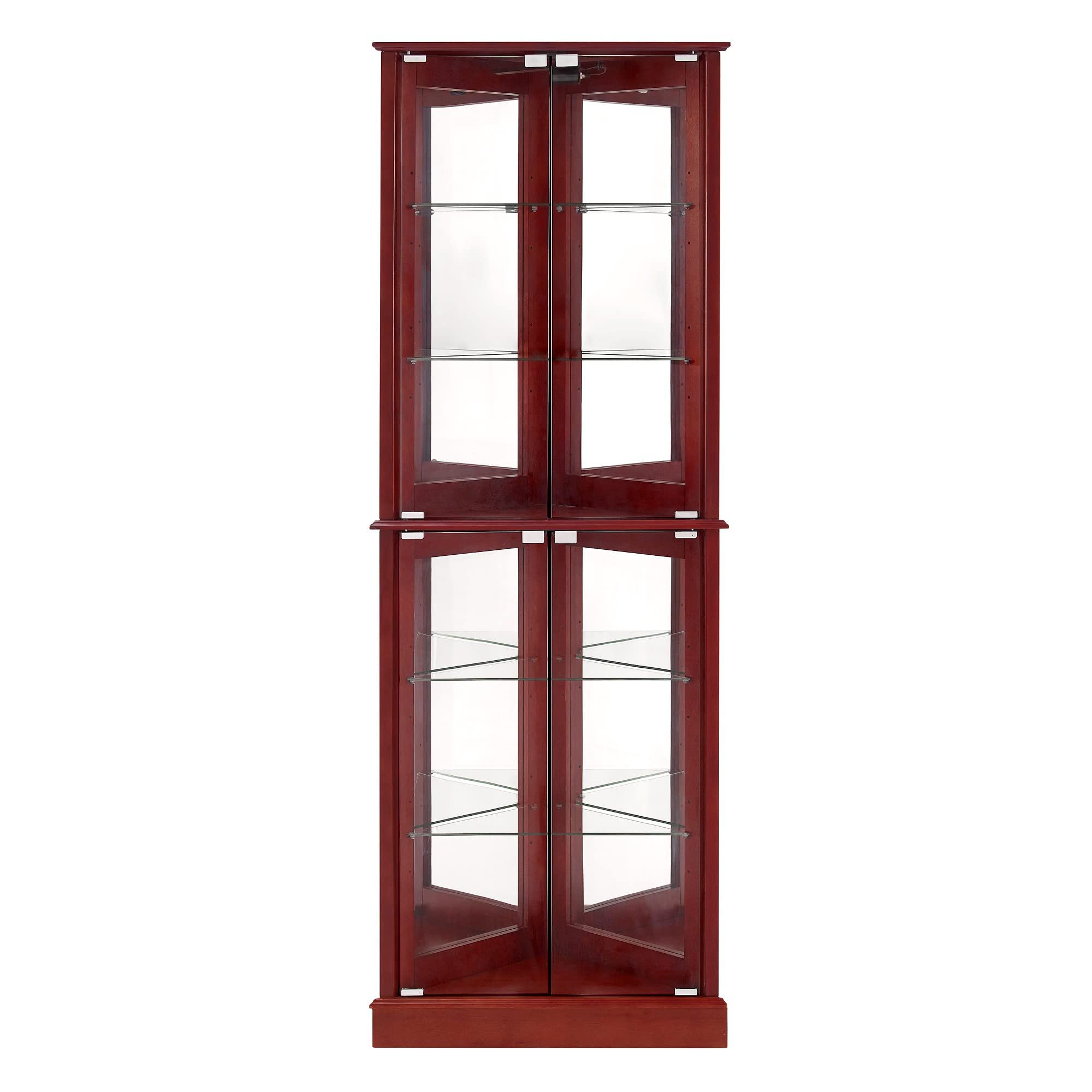 Corner Curio Dispaly Cabinet With Lights, Adjustable Tempered Glass Shelves, Mirrored Back (E26 Light Bulb Not Included) - Cherry