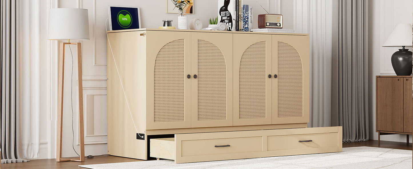 Queen Size Murphy Bed With Large Drawers, Gold
