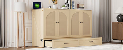 Queen Size Murphy Bed With Large Drawers, Gold