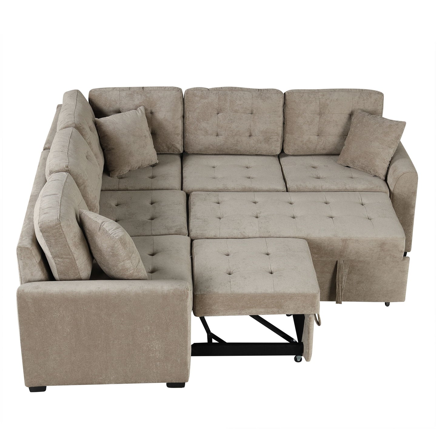 L-Shape Sofa Bed Pull-Out Sleeper Sofa With Wheels, USB Ports, Power Sockets For Living Room - Khaki