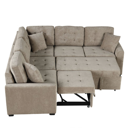 L-Shape Sofa Bed Pull-Out Sleeper Sofa With Wheels, USB Ports, Power Sockets For Living Room - Khaki