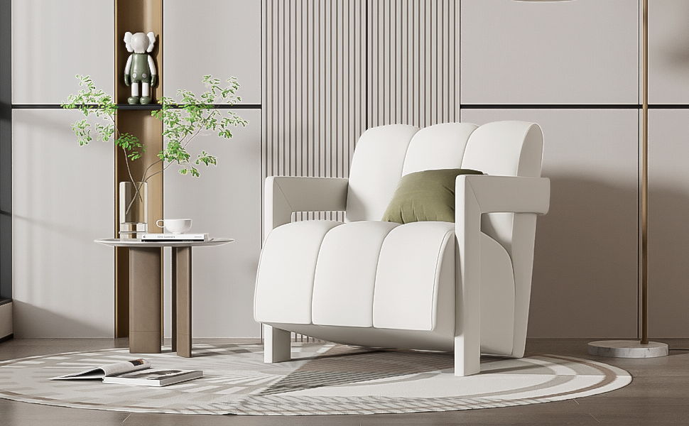 Modern Minimalist Leisure Armchair With L Shaped Armrests For Living Room - White