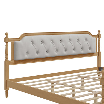 King Size Traditional Style Solid Bed Frame With Upholstered Tufted Headboard, No Box Spring Needed - Walnut