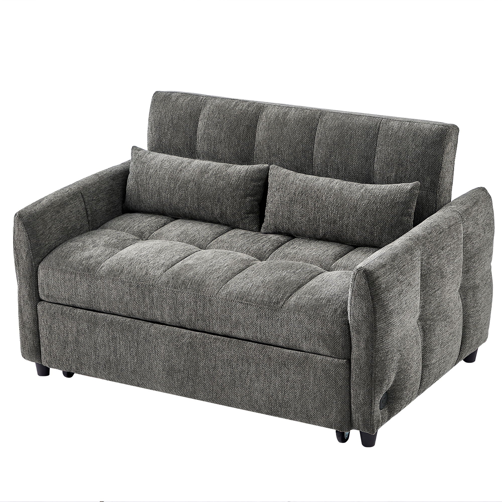 Loveseat Sofa Pull Out Sofa Bed Tufted Sleeper Sofa With An Adjustable Backrest, 3 USB Ports And 2 Lumbar Pillows For Living Room - Gray