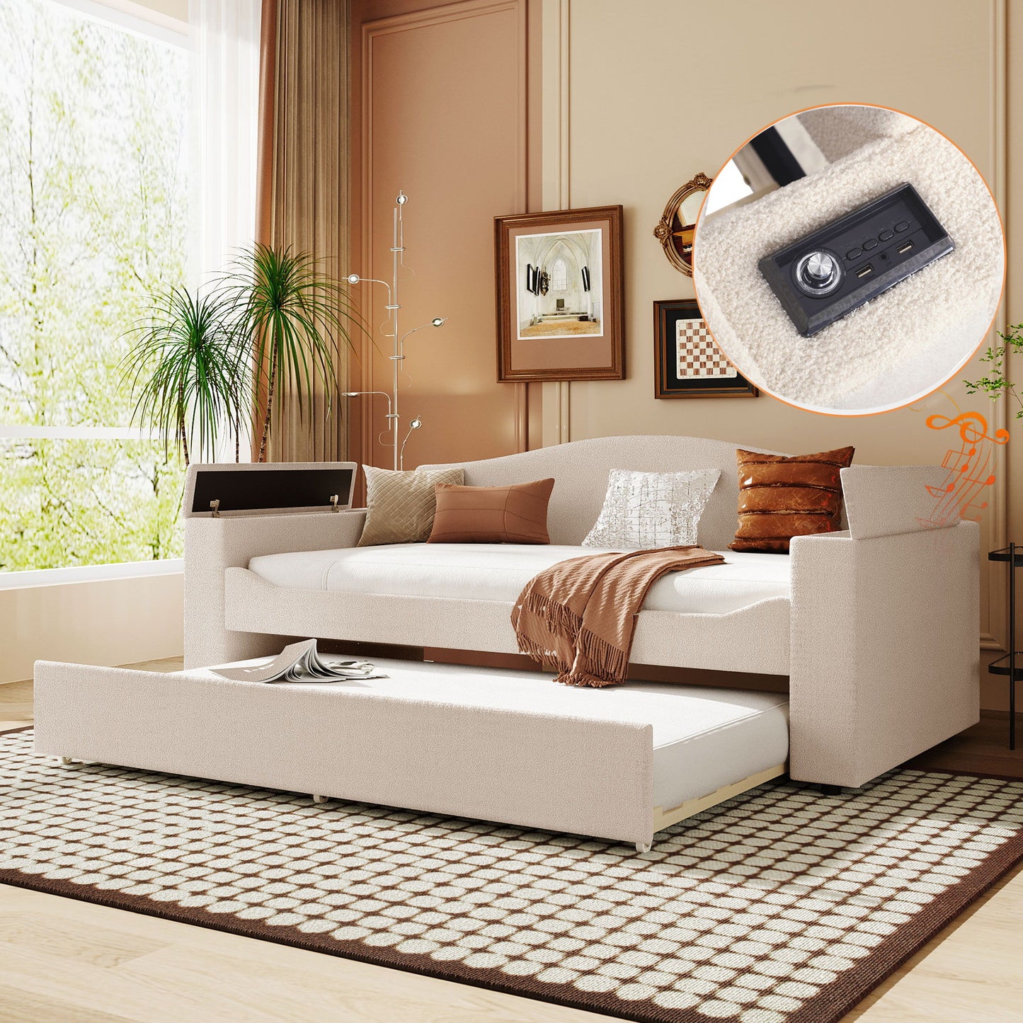 Twin Size Upholstered Daybed With Storage Armrests, Trundle And Latest Integrated Bluetooth Audio System - Beige
