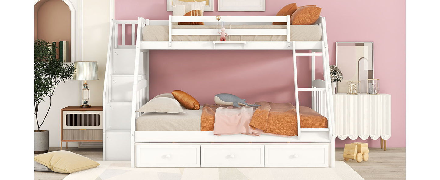 Twin Over Full Bunk Bed With Drawers, Ladder And Storage Staircase - White