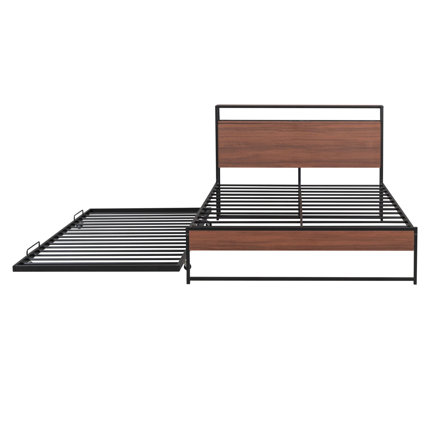 Full Size Platform Bed Frame With Trundle, USB Ports And Slat Support,No Box Spring Needed - Black
