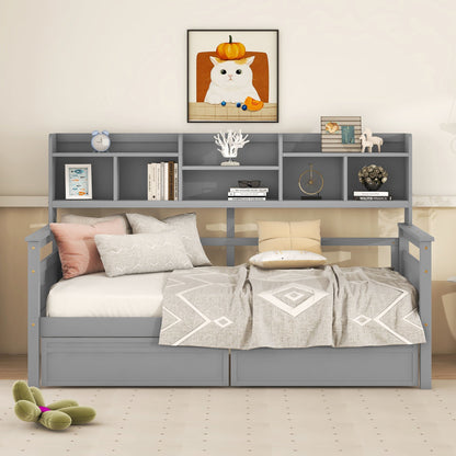 Twin Size Daybed, Slat Support, With Bedside Shelves And 2 Drawers - Gray