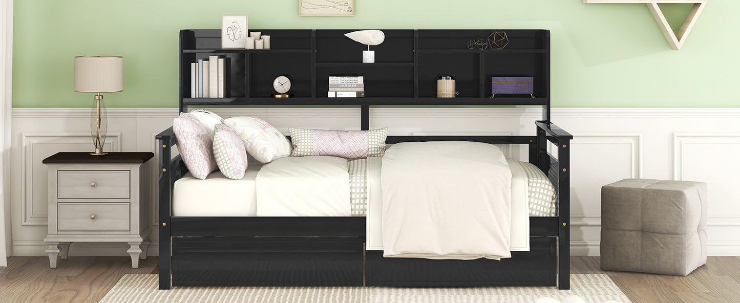 Twin Size Daybed, Slat Support, With Bedside Shelves And 2 Drawers - Espresso
