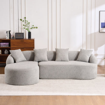 Compression Sofa: Combining Chaise Longue With 3 Seater, Wood Grain Chenille Fabric, Full Sponge Compression Sofa, Combined Sofa With 4 Pillows For Living / Home Furniture / Apartment - Gray