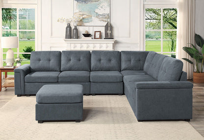 Isla - Woven Fabric 7 Seater Sectional Sofa, Ottoman - Gray
