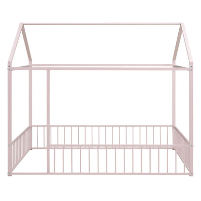 Full Size Bed House Bed Frame With Fence - Pink