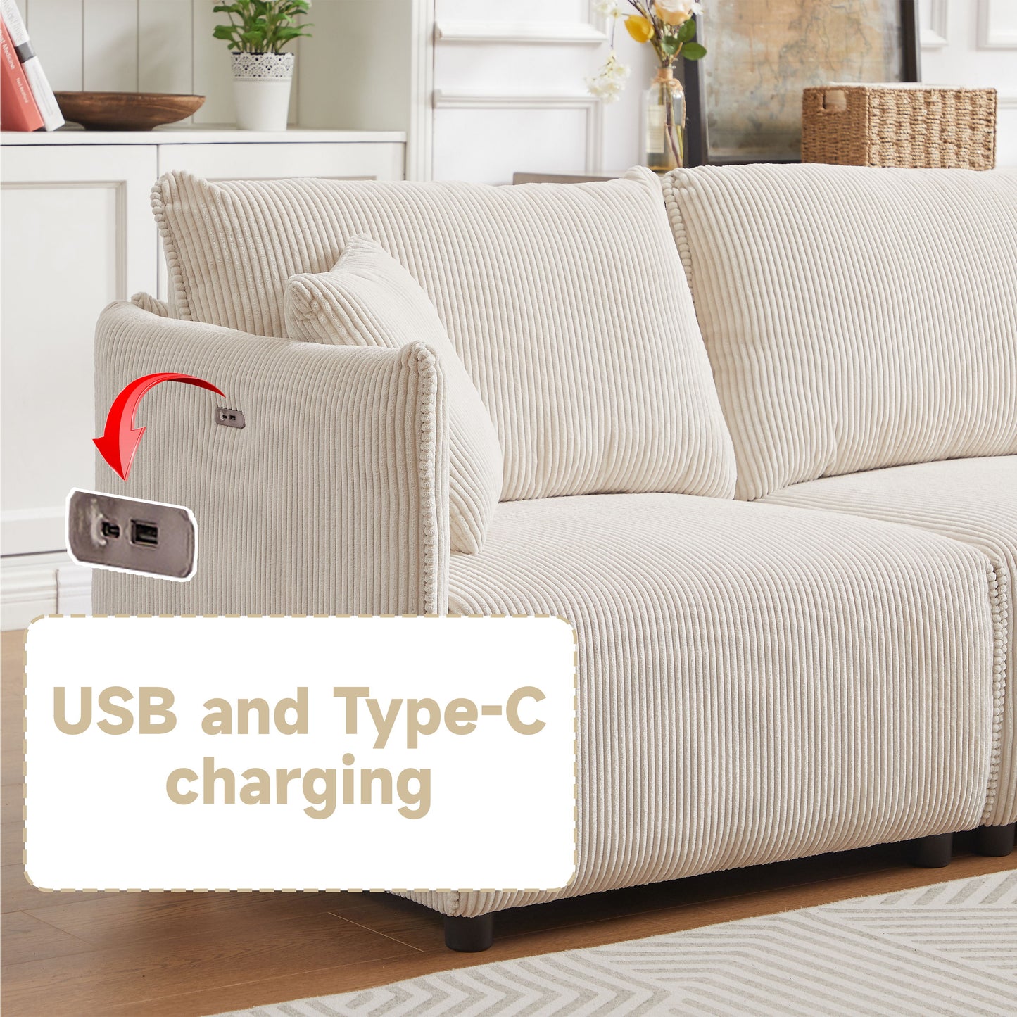 Multi Module Combination Style Sofa For Living Room And Other Lounge Spaces, Modern Minimalist Corduroy Combination Sofa With 2 Comfort Cushions With USB & C Charging Ports, 2 Sets - Beige