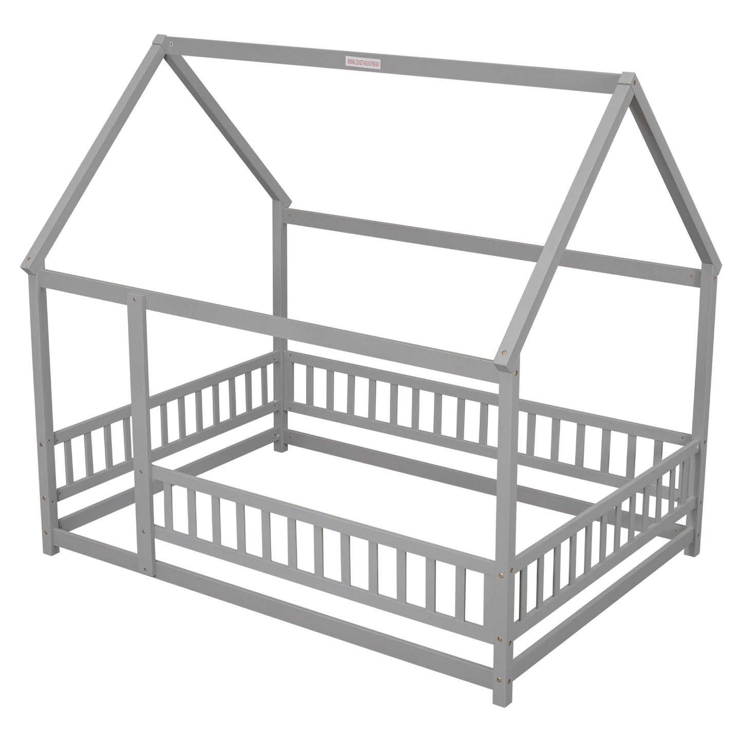 Full Size Floor Wooden Bed With House Roof Frame, Fence Guardrails - Gray