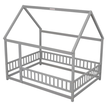 Full Size Floor Wooden Bed With House Roof Frame, Fence Guardrails - Gray