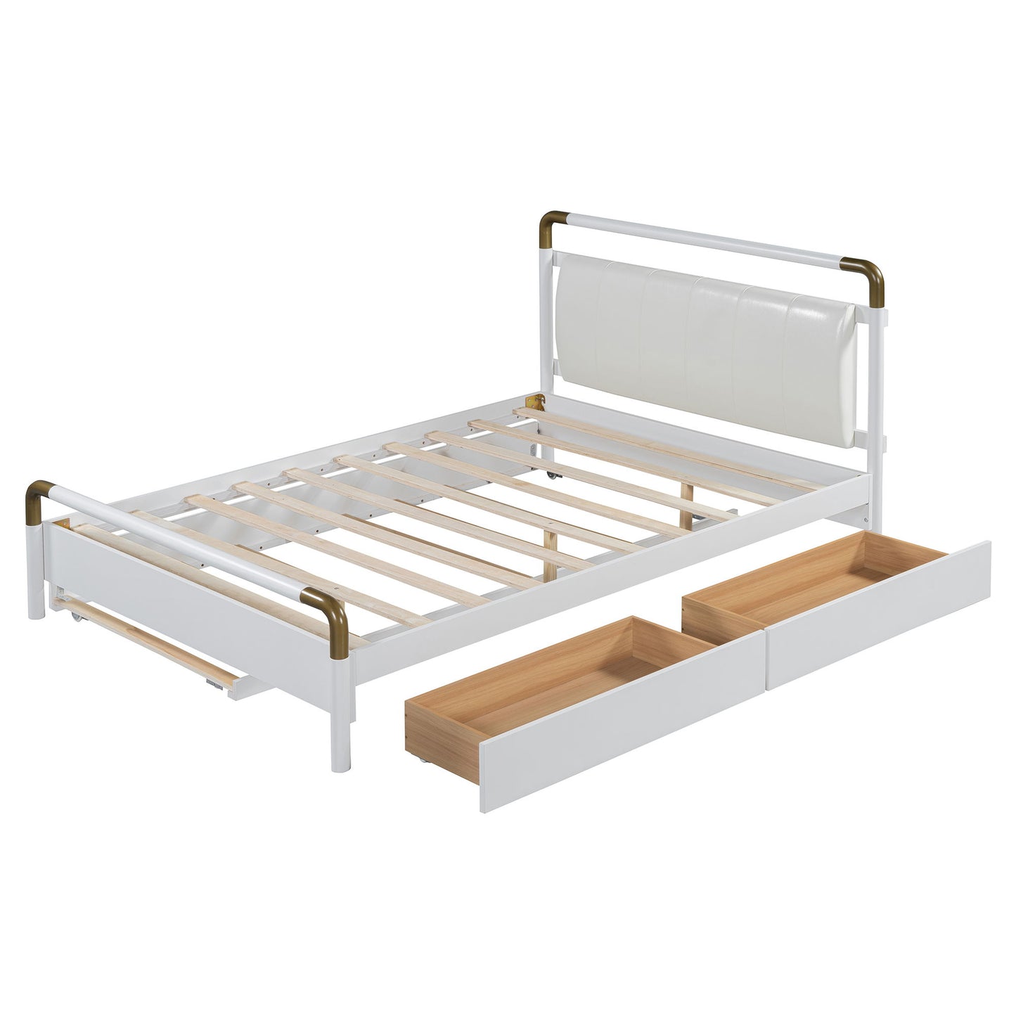 Queen Size Storage Platform Bed, With 2 Big Drawers, Twin Long Size Trundle - White