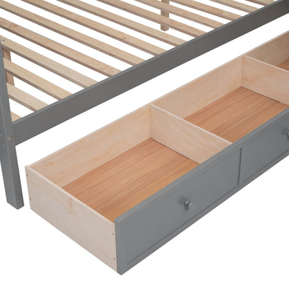 Twin Twin Over Full L Shaped Bunk Bed With 3 Drawers, Portable Desk And Wardrobe - Gray