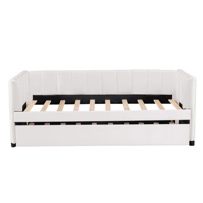 Twin Size Upholstered Daybed With Ergonomic Design Backrest And Trundle - Beige