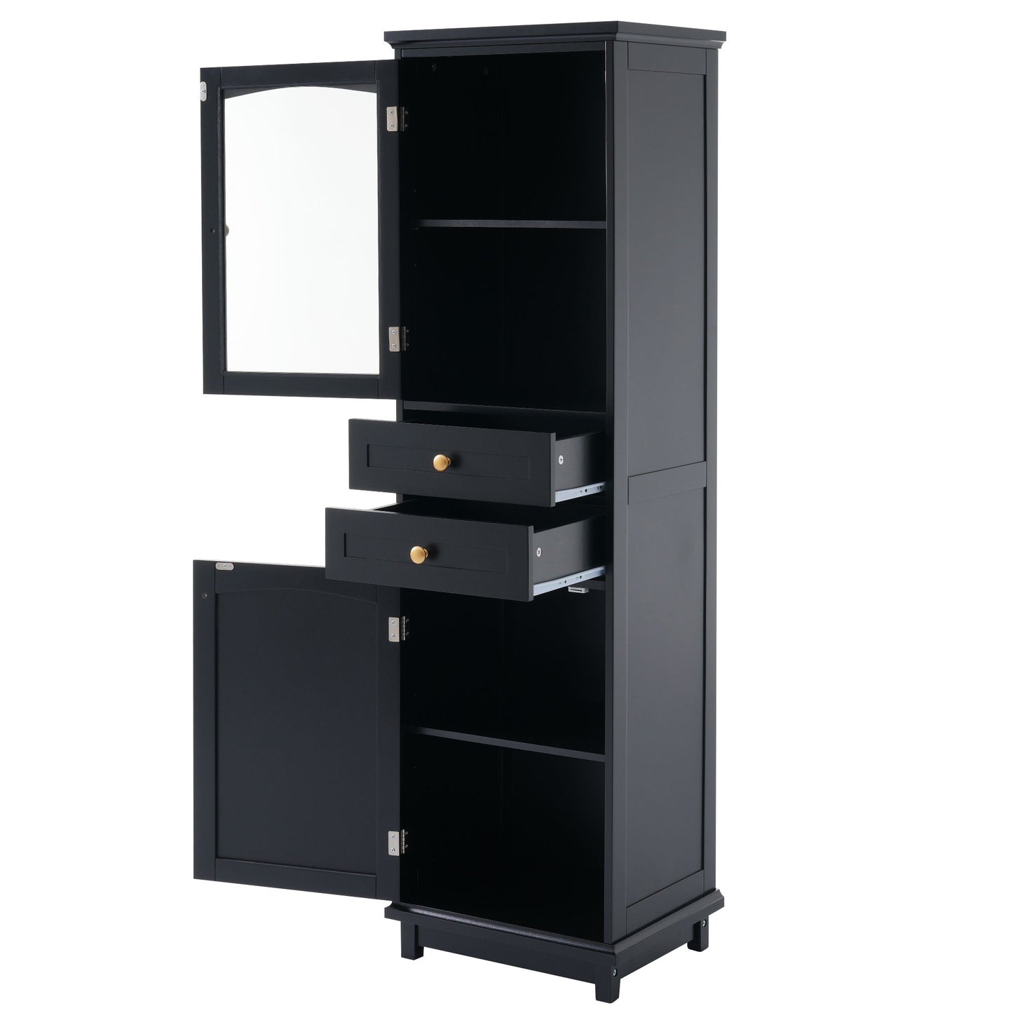 Tall Bathroom Storage Cabinet With Glass Doors, Free-Standing, Two Drawers, And Adjustable Shelves, MDF Board, Painted Perfect For Displaying Your Favorite Items - Black