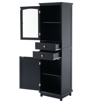 Tall Bathroom Storage Cabinet With Glass Doors, Free-Standing, Two Drawers, And Adjustable Shelves, MDF Board, Painted Perfect For Displaying Your Favorite Items - Black