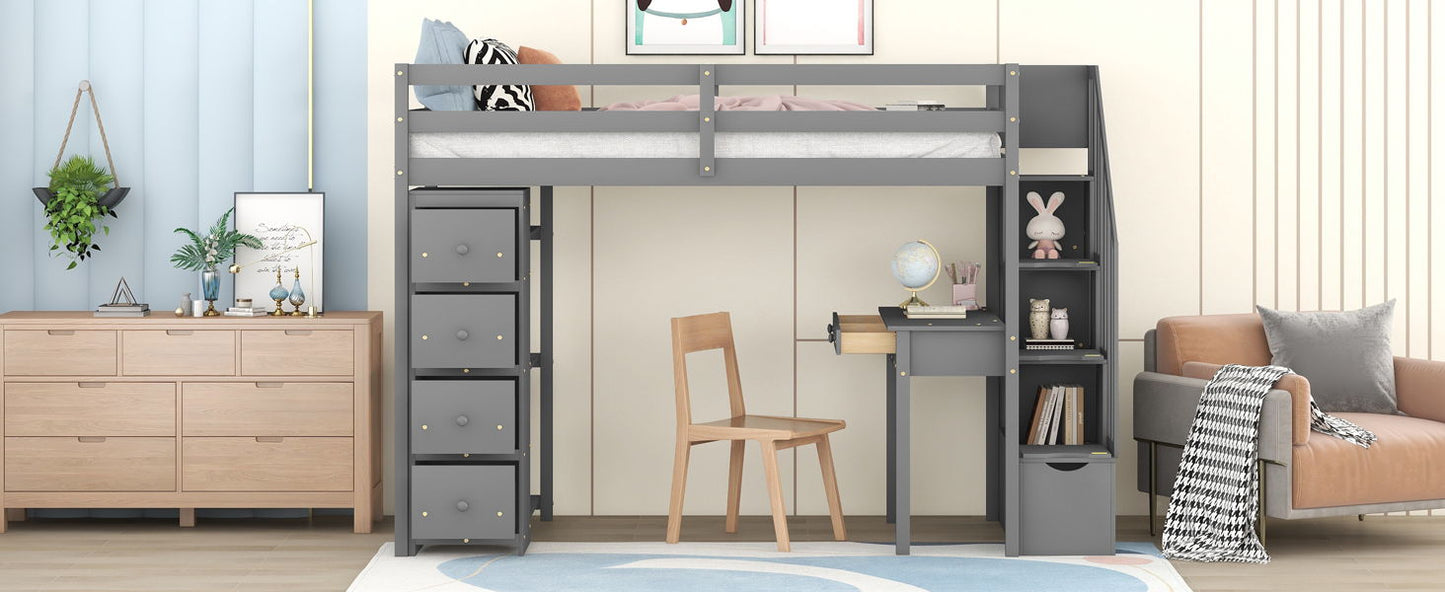 Twin Size Loft Bed With Storage Drawers, Desk And Stairs With Shelves - Gray